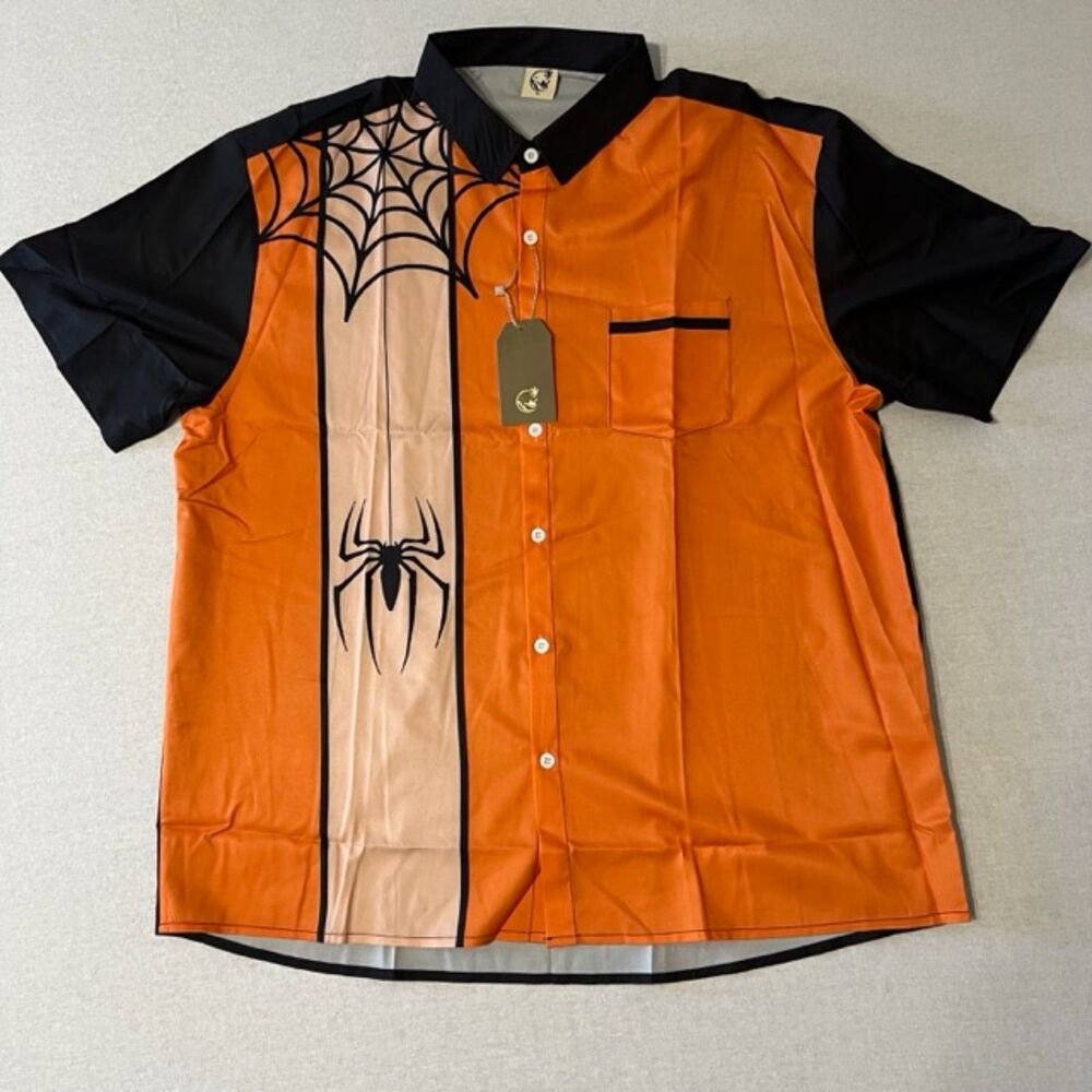 NWT Mens XL Halloween Spider Web Bowling Shirt Orange Black Button Up